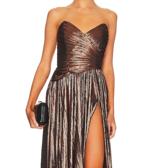 Retrofete Waldorf Strapless Gown With Slit in Coffee Brown Metallic - Picture 2 of 6